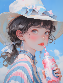 喝水的女生可爱的独特风格摄影图