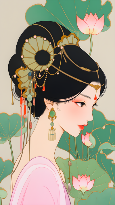 莲叶中的女艺术家摄影图