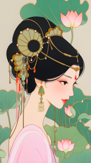 莲叶中的女艺术家摄影图