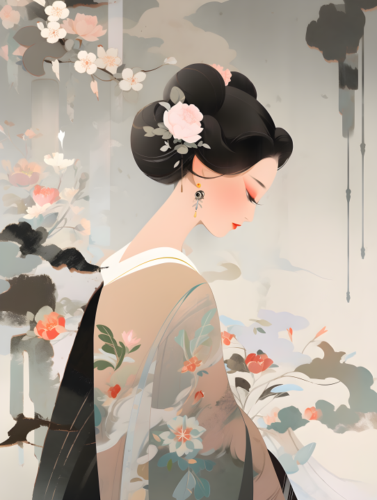 中国古风美女绣花油画摄影版权图片下载