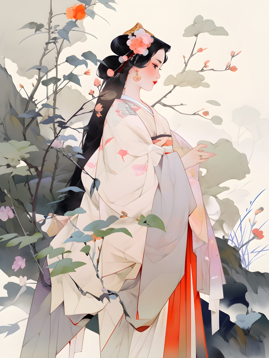 缝制渐变色块的中国古代美女摄影版权图片下载
