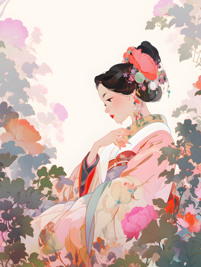 古色古香的中国美女缝制的渐变色块摄影图片