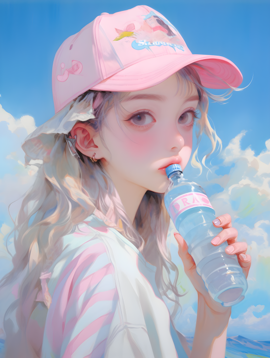 油画少女喝苏打水高清图版权图片下载