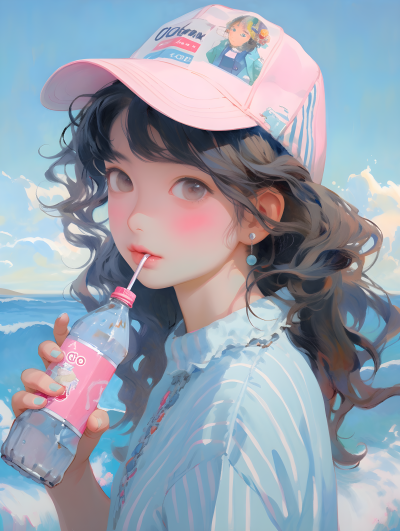 可爱风格条纹帽少女喝苏打水油画摄影图片