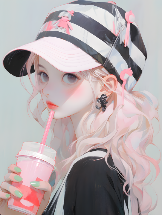 条纹帽女孩喝苏打水Kawaii风格油画摄影图版权图片下载