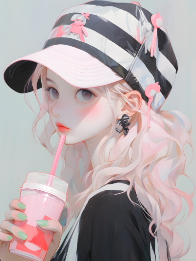 条纹帽女孩喝苏打水Kawaii风格油画摄影图
