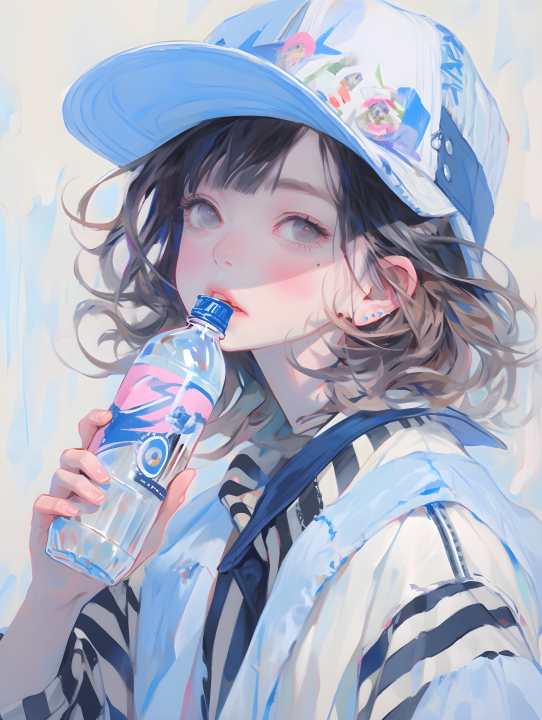 可爱风格的条纹帽女孩喝苏打水的油画摄影版权图片下载