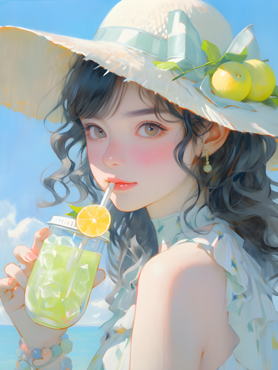 独特风格卡哇伊少女饮用苏打水的油画摄影图版权图片下载