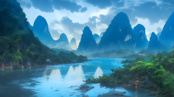 古风碧蓝山水画摄影图片