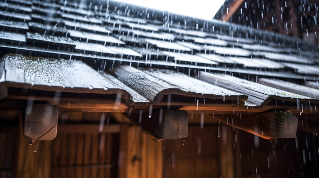 夏日木屋，倾泻的雨滴，狂风暴雨摄影图版权图片下载