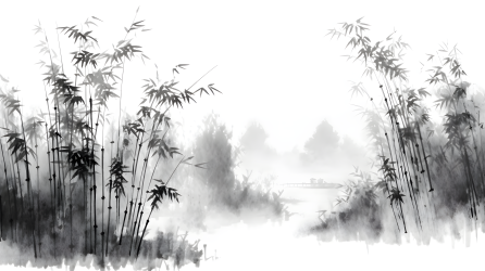 清晨竹子远景墨画摄影图片