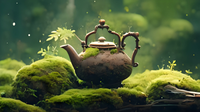 青树苔上，水淋茶壶摄影图片