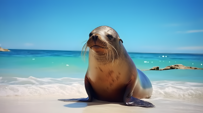 海狮在水边的沙滩上坐着摄影图