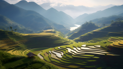 山上梯田雾蒙蒙的风景摄影图