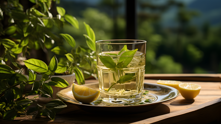 绿茶叶玻璃杯充满光明摄影图