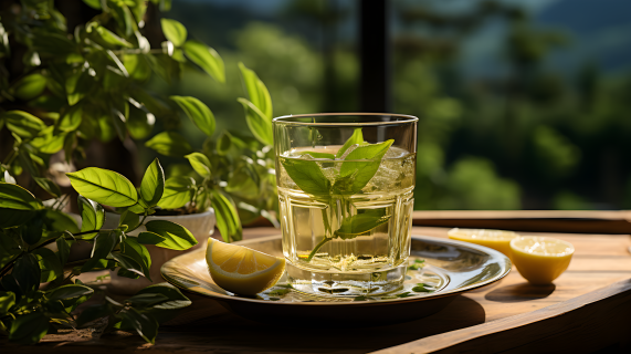 绿茶叶玻璃杯充满光明摄影图