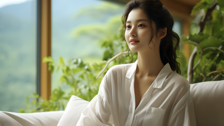 度假民宿中的白衣女子摄影图