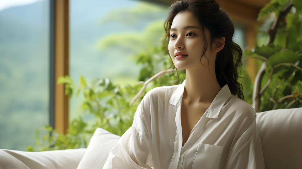 度假民宿中的白衣女子摄影图
