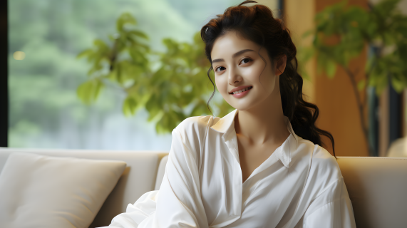 甜美女孩森林别墅中度假摄影图片