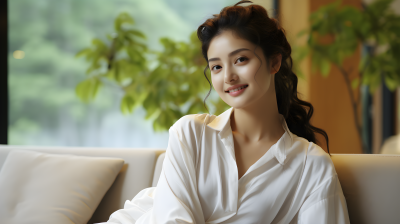 甜美女孩森林别墅中度假摄影图片