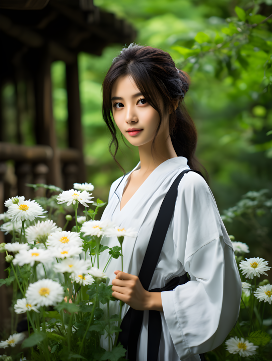 森林别墅入口的中国美女摄影版权图片下载