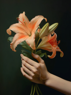 女子手持两朵橙色百合花摄影图