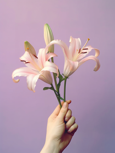 手拿粉色百合花束摄影图