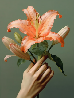 绿色背景上的橙色百合花摄影图