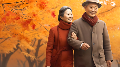 公园橙色树叶下的老夫妻摄影图