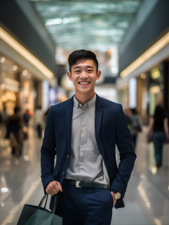 时尚中国年轻人高雅步行商场，微笑握着多个购物袋