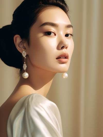 女模特展示高级感珍珠耳饰摄影图片