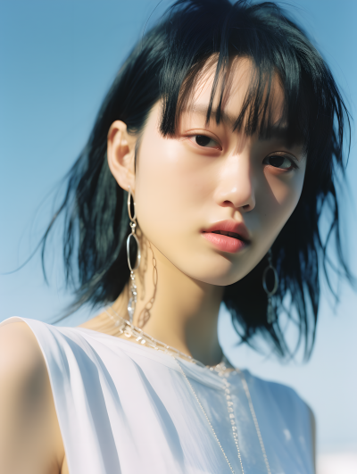 炫彩耳环可爱女模佩戴特写摄影图