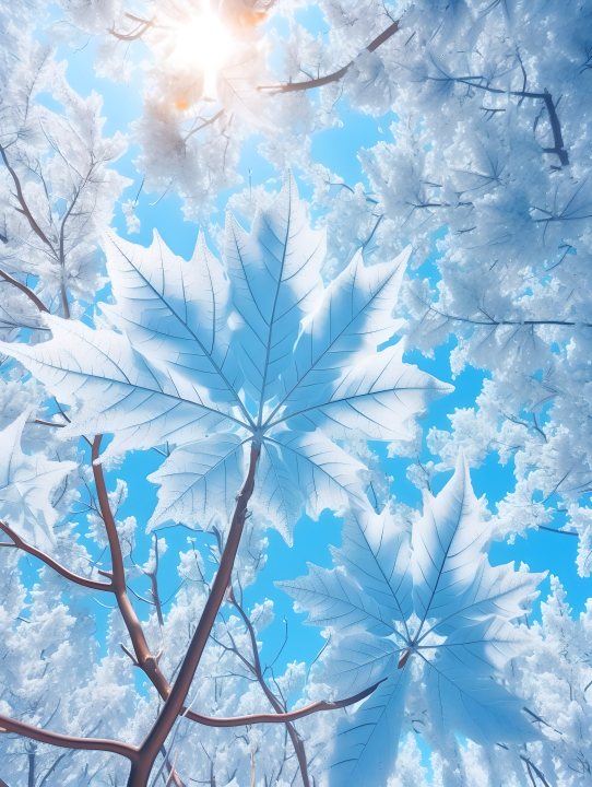 树叶上的霜蔚蓝的天空摄影版权图片下载