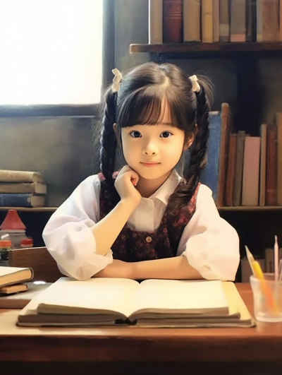 年幼女孩静坐书桌学习阅读摄影图