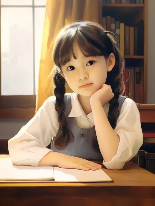 青春少女坐在书桌前摄影版权图片下载
