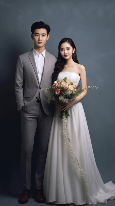 幸福夫妻手捧花婚纱照摄影图片