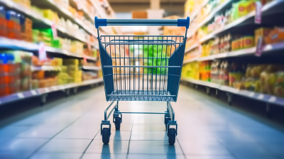 超市货架上装满食品和购物车摄影图片