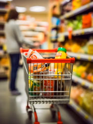 超市食品购物车满载而归摄影图