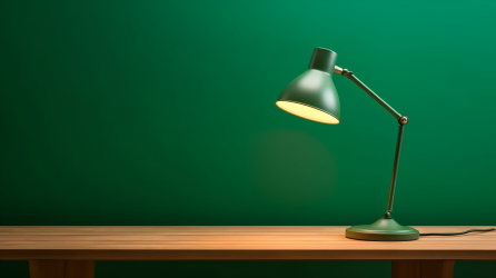 绿墙前放置的绿色台灯摄影图片