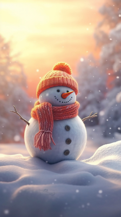 绚丽简约：雪地上坐着的带着毛线帽子和围巾的雪人摄影版权图片下载
