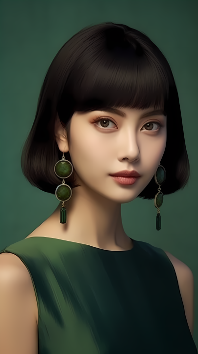 时尚美妆馆绿衣短发女性摄影版权图片下载