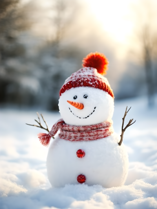 圣诞老人帽子的雪人摄影图版权图片下载