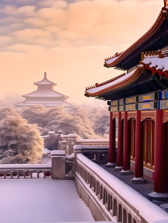 紫禁城雪景红色柱子摄影图版权图片下载
