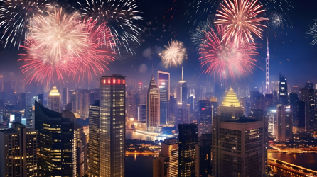 高楼林立的城市夜晚烟花表演摄影图片