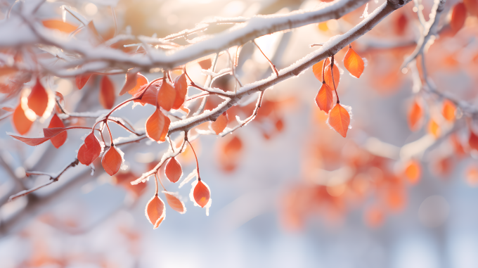 橙黄色叶子雪枝摄影图片