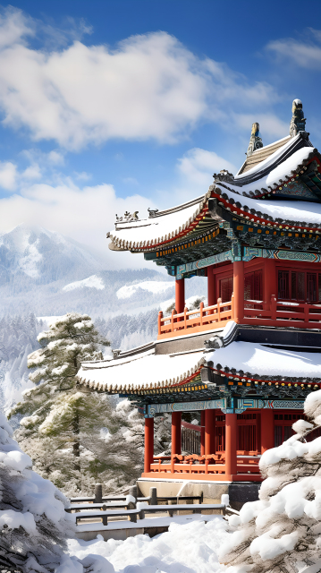 红色亭子上的白雪摄影图片