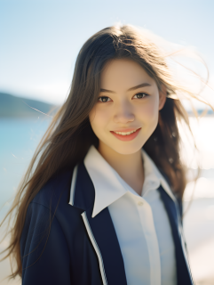 海边清新女生长发微扬摄影图片