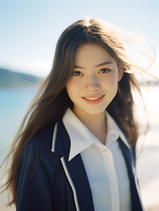 海边清新女生长发微扬摄影版权图片下载