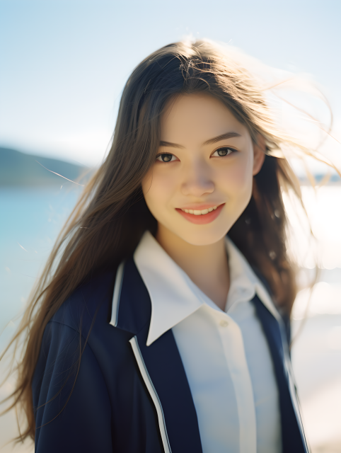 海边清新女生长发微扬摄影图片