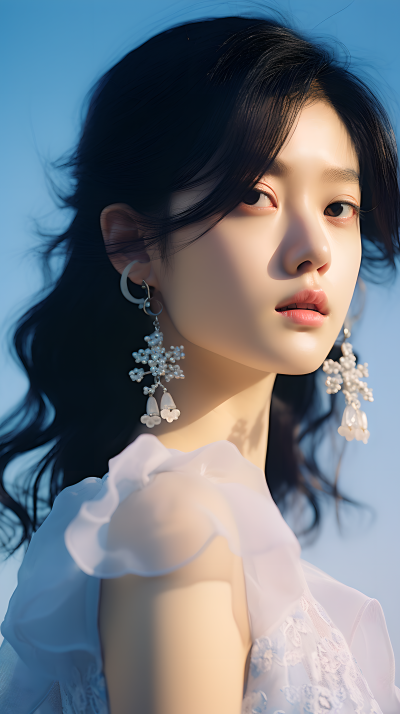 亚洲时尚女模佩戴珠宝耳饰摄影图